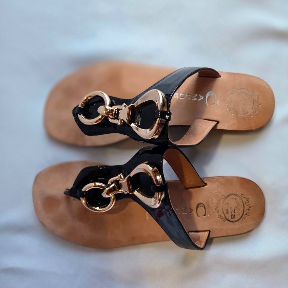 Jeffrey Campbell Black Sandal Thong with Gold Hardware